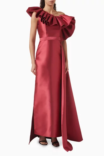 One-shoulder Ruffle Gown in Micado