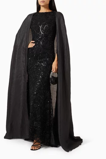 Embellished Cape Maxi Dress in Organza & Scuba