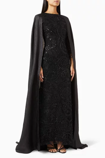 Embellished Cape Maxi Dress in Organza & Scuba