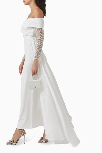 Off-shoulder Embellished Maxi Dress in Scuba