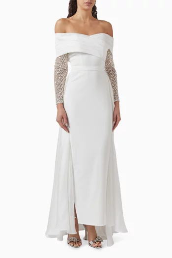 Off-shoulder Embellished Maxi Dress in Scuba