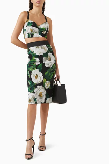 Gardenia-print Midi Skirt in Stretch Nylon