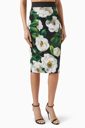 Gardenia-print Midi Skirt in Stretch Nylon