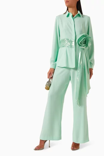 Rose-applique Shirt & Pants Set in Georgette