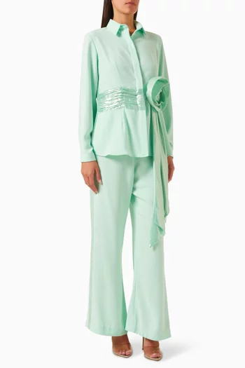Rose-applique Shirt & Pants Set in Georgette