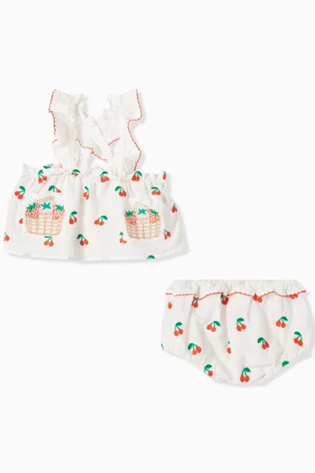 Cherry-embroidered Top Set in Cotton-linen