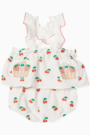 Cherry-embroidered Top Set in Cotton-linen