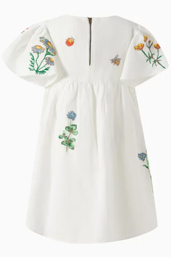 Floral-embroidered Midi Dress in Cotton-linen