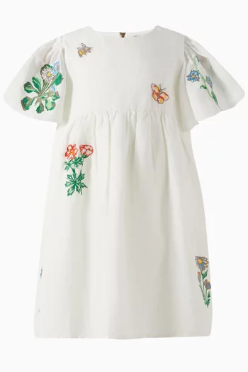 Floral-embroidered Midi Dress in Cotton-linen
