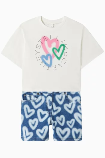 All-over Heart-print Shorts in Denim