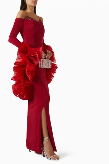 Crystal Embellished Off-shoulder Gown in Stretch Crepe