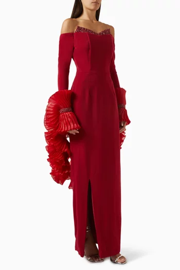 Crystal Embellished Off-shoulder Gown in Stretch Crepe