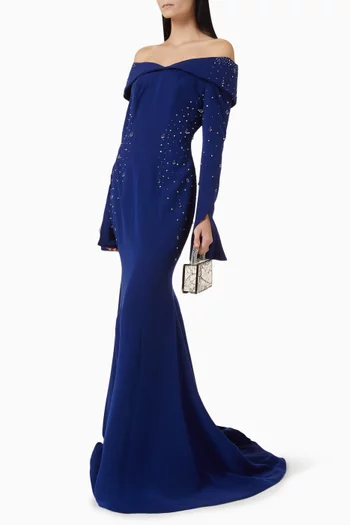 Crystal Raindrop Off-shoulder Gown in Stretch Crepe