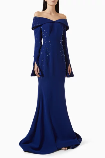 Crystal Raindrop Off-shoulder Gown in Stretch Crepe