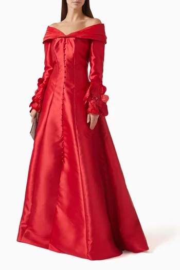 Floral Applique Off-shoulder Gown in Mikado