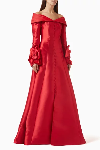 Floral Applique Off-shoulder Gown in Mikado