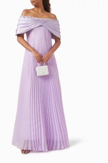 Off-shoulder Pleated Gown in Organza & Mikado