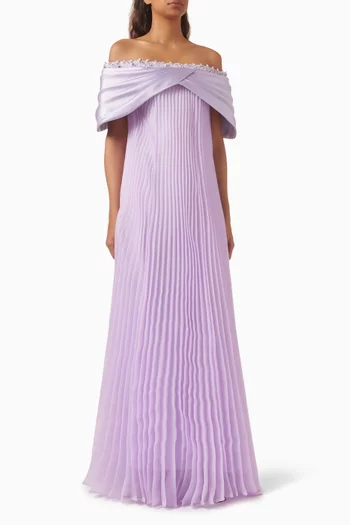 Off-shoulder Pleated Gown in Organza & Mikado