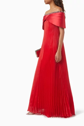 Off-shoulder Pleated Gown in Organza & Mikado
