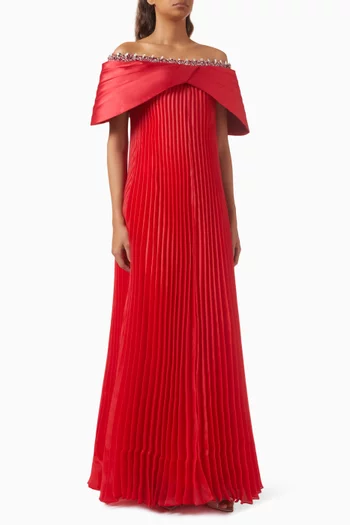 Off-shoulder Pleated Gown in Organza & Mikado