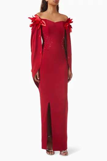 Floral Applique Gown in Stretch Crepe