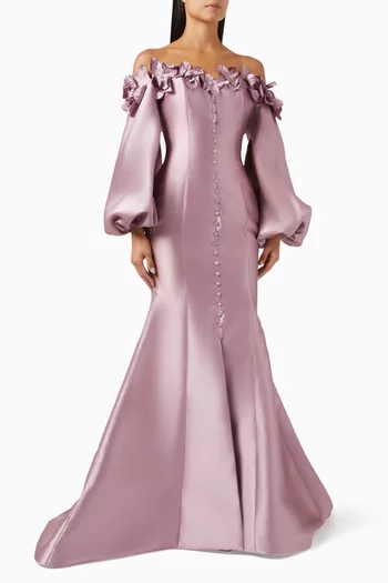 Off-shoulder Floral Applique Gown