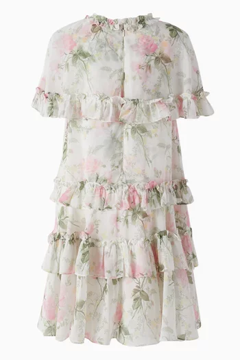 All-over Rose-print Tiered Cape Dress in Chiffon