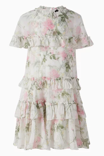 All-over Rose-print Tiered Cape Dress in Chiffon