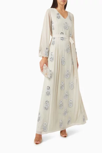 Floral-embellished Belted Kaftan in Crepe