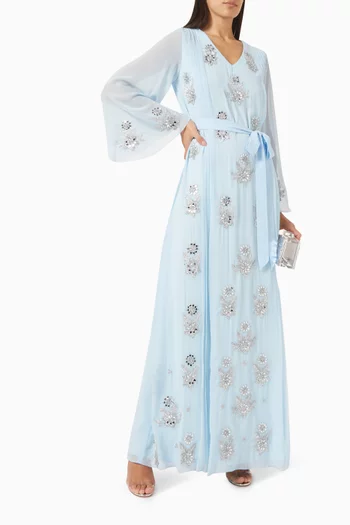 Floral-embellished Belted Kaftan in Crepe