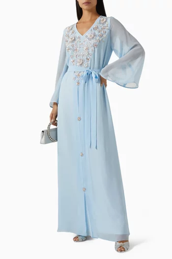 Floral-embellished Belted Kaftan in Crepe