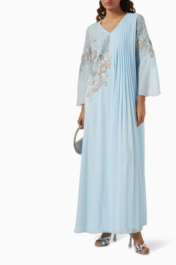 Embellished Pleated Kaftan in Crepe