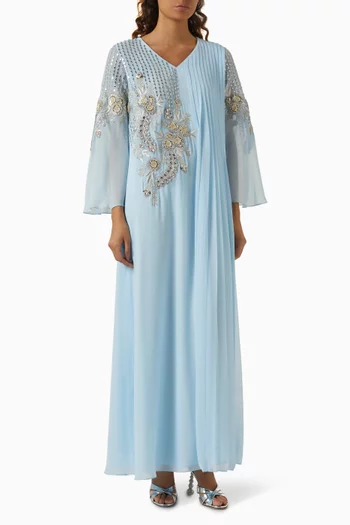 Embellished Pleated Kaftan in Crepe