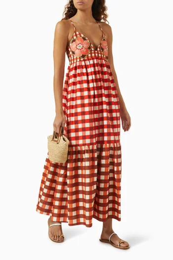 Gingham Embroidered Maxi Dress in Cotton