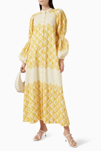 Seahorse Bubble-sleeve Maxi Dress in Cotton