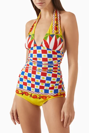 Carretto-print One-piece Swimsuit in Stretch Nylon
