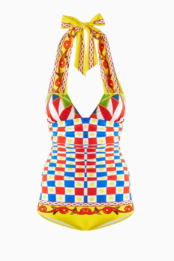 Carretto-print One-piece Swimsuit in Stretch Nylon
