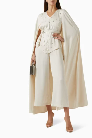Embroidered Cape Jumpsuit in Crepe