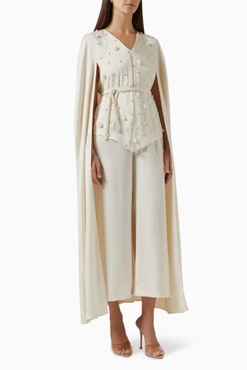 Embroidered Cape Jumpsuit in Crepe