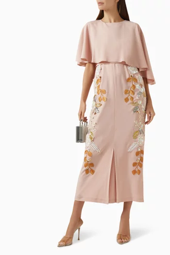 Floral Pattern Cape Midi Dress in Stretch Crepe