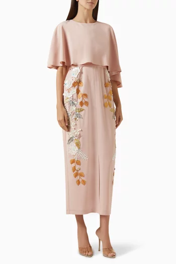 Floral Pattern Cape Midi Dress in Stretch Crepe
