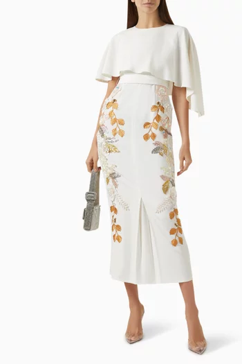 Floral Pattern Cape Midi Dress in Stretch Crepe