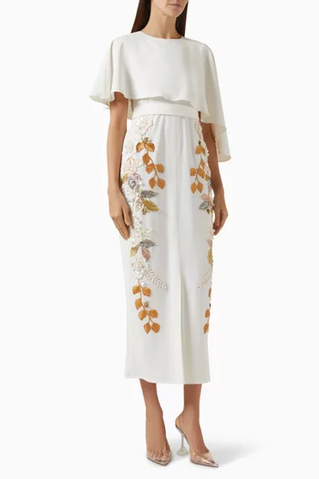 Floral Pattern Cape Midi Dress in Stretch Crepe