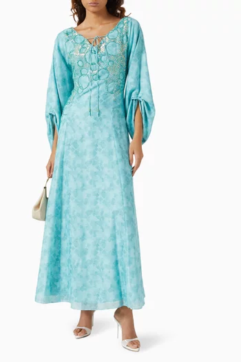 Printed Bead Embellished Maxi Dress in Linen