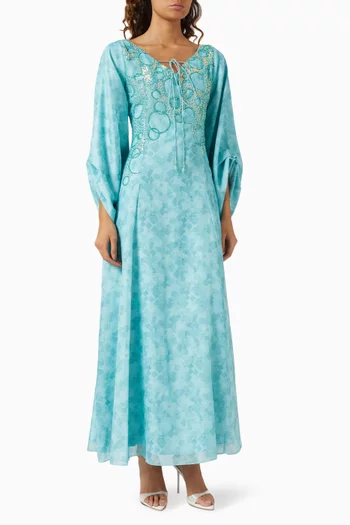 Printed Bead Embellished Maxi Dress in Linen