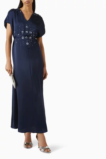 Embellished Tie-up Belted Midi Dress in Satin