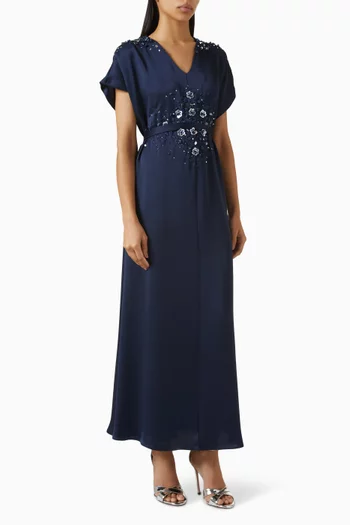 Embellished Tie-up Belted Midi Dress in Satin