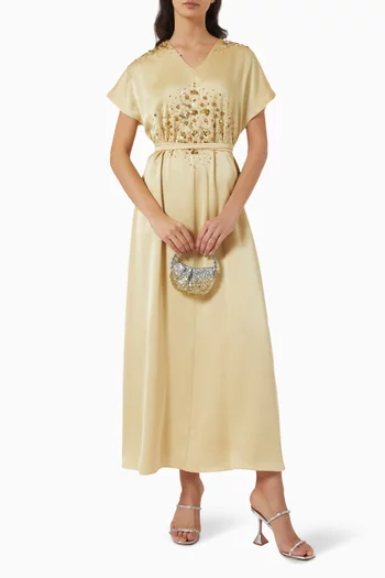 Embellished Tie-up Belted Midi Dress in Satin