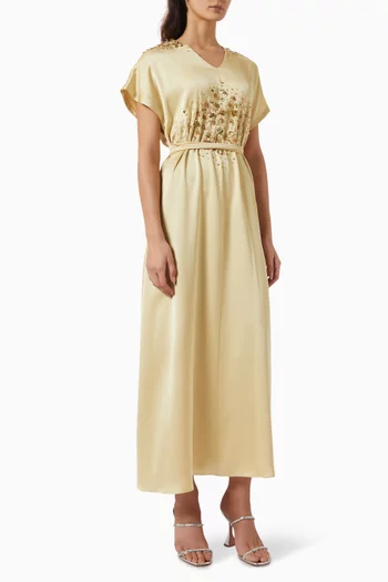 Embellished Tie-up Belted Midi Dress in Satin