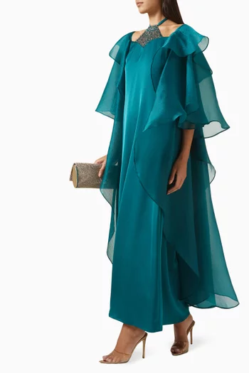 Embellished-neckline Cape Maxi Dress